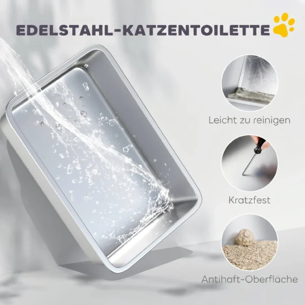 Kattenbak, Roestvrij Staal, XL Binnenruimte, Met Schep, Lichtgrijs