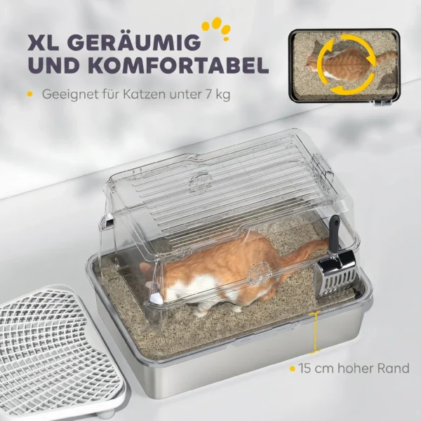 Kattenbak, Roestvrij Staal, XL Binnenruimte, Met Schep, Lichtgrijs