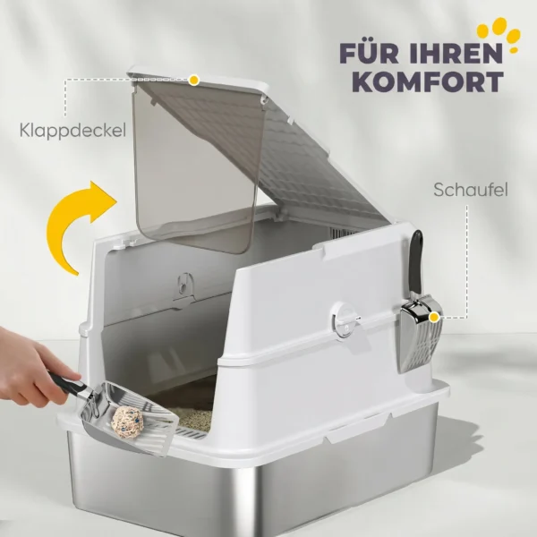 Kattenbak, Roestvrij Staal, XL Binnenruimte, Met Schep, Lichtgrijs