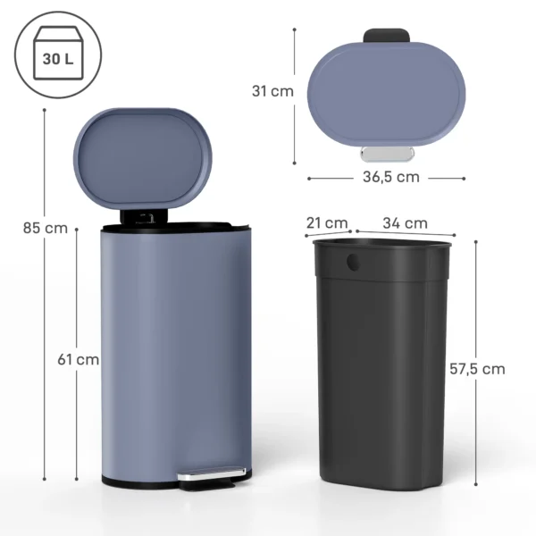 Keukenvuilnisbak 30 Liter Met Soft Close Deksel, Metalen Pedaal, Grijs, 36,5 X 31 X 61 Cm