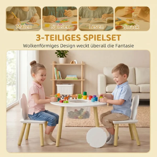 Kindertafel Met Stoelen En Opbergruimte, 3 delig Kindermeubelset In Wit En Natuur Voor Speelkamer En Kinderkamer