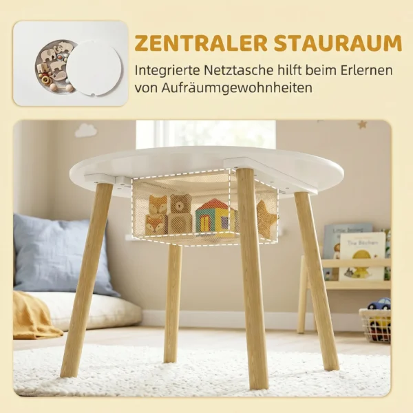 Kindertafel Met Stoelen En Opbergruimte, 3 delig Kindermeubelset In Wit En Natuur Voor Speelkamer En Kinderkamer