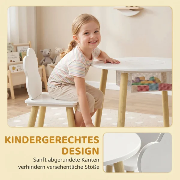 Kindertafel Met Stoelen En Opbergruimte, 3 delig Kindermeubelset In Wit En Natuur Voor Speelkamer En Kinderkamer