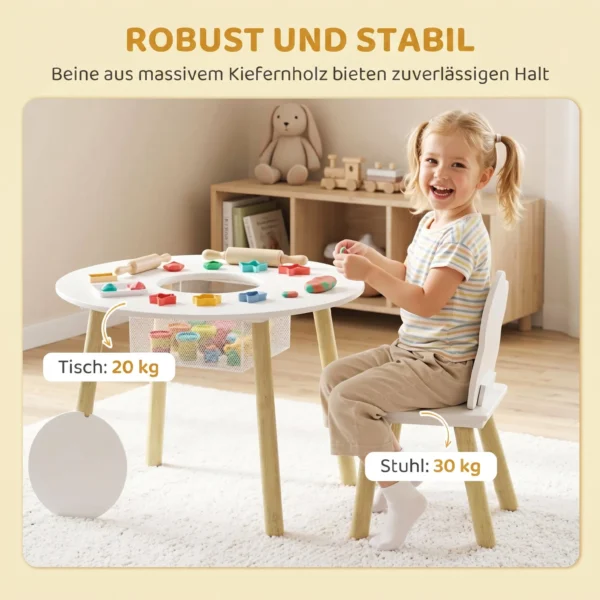 Kindertafel Met Stoelen En Opbergruimte, 3 delig Kindermeubelset In Wit En Natuur Voor Speelkamer En Kinderkamer