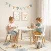 Kindertafel Met Stoelen En Opbergruimte, 3 delig Kindermeubelset In Wit En Natuur Voor Speelkamer En Kinderkamer