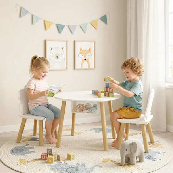 Kindertafel Met Stoelen En Opbergruimte, 3 delig Kindermeubelset In Wit En Natuur Voor Speelkamer En Kinderkamer