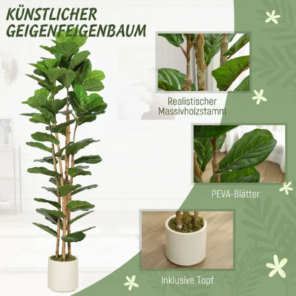 Kunstmatige Vioolvijgenboom Kunstplant Met 91 Bladeren, Massief Houten Stam, Pot, 55 X 55 X 180 Cm, Groen