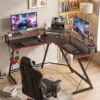 L vormige Computertafel Met Stopcontacten, 128 Cm Hoekbureau Met Monitorstandaard, Koptelefoonhaak & Drankhouder