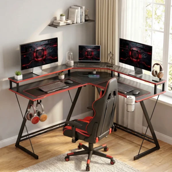 L vormige Computertafel Met Stopcontacten, 128 Cm Hoekbureau Met Monitorstandaard, Koptelefoonhaak & Drankhouder