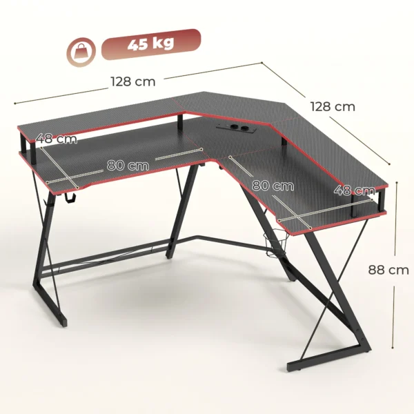 L vormige Computertafel Met Stopcontacten, 128 Cm Hoekbureau Met Monitorstandaard, Koptelefoonhaak & Drankhouder