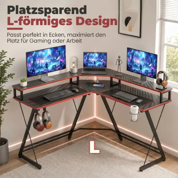 L vormige Computertafel Met Stopcontacten, 128 Cm Hoekbureau Met Monitorstandaard, Koptelefoonhaak & Drankhouder