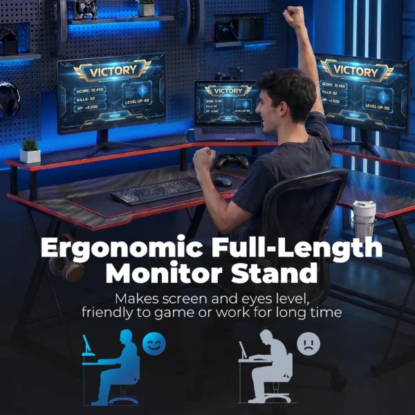 L vormige Computertafel Met Stopcontacten, 128 Cm Hoekbureau Met Monitorstandaard, Koptelefoonhaak & Drankhouder