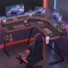 L vormige Computertafel Met Stopcontacten, 128 Cm Hoekbureau Met Monitorstandaard, Koptelefoonhaak & Drankhouder