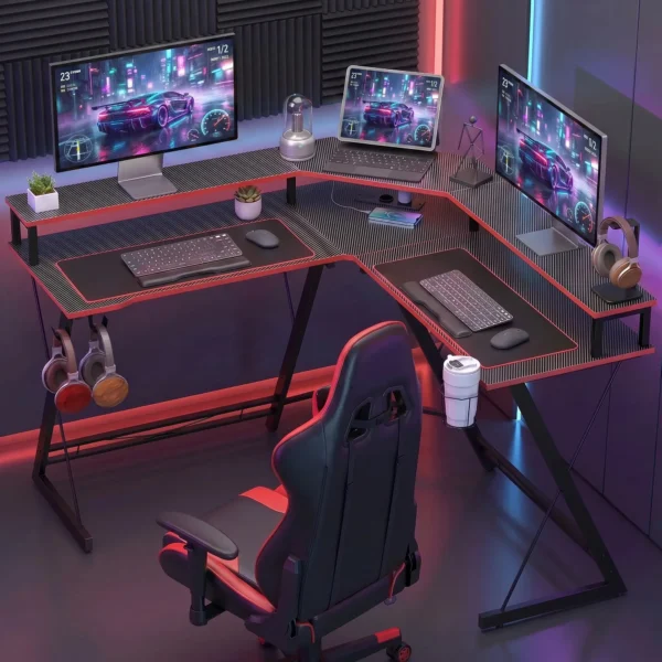 L vormige Computertafel Met Stopcontacten, 128 Cm Hoekbureau Met Monitorstandaard, Koptelefoonhaak & Drankhouder