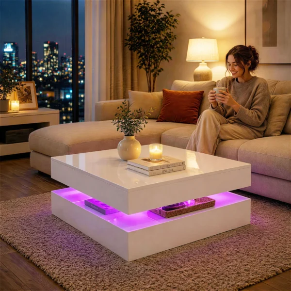 LED salontafel Met Opbergruimte, 2 laags Moderne Tafel Met Open Opslag En Afstandsbediening, Hoogglans Wit