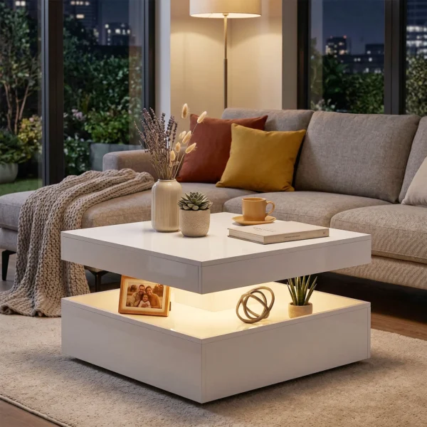 LED salontafel Met Opbergruimte, 2 laags Moderne Tafel Met Open Opslag En Afstandsbediening, Hoogglans Wit