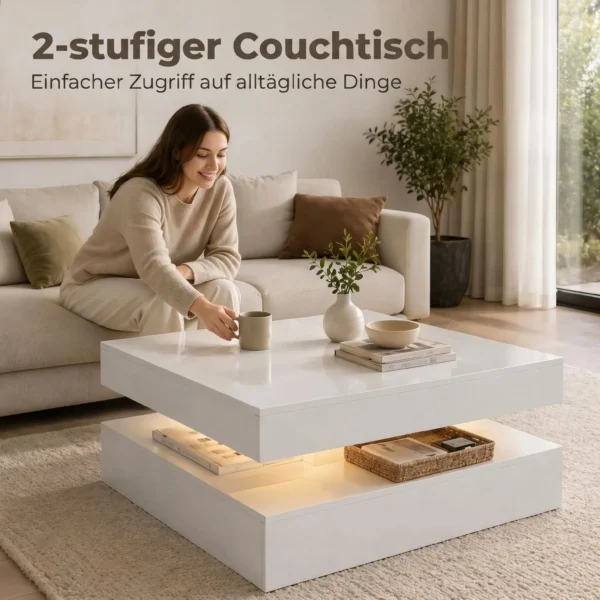 LED salontafel Met Opbergruimte, 2 laags Moderne Tafel Met Open Opslag En Afstandsbediening, Hoogglans Wit