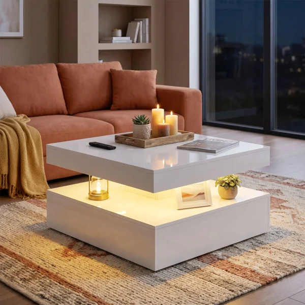 LED salontafel Met Opbergruimte, 2 laags Moderne Tafel Met Open Opslag En Afstandsbediening, Hoogglans Wit