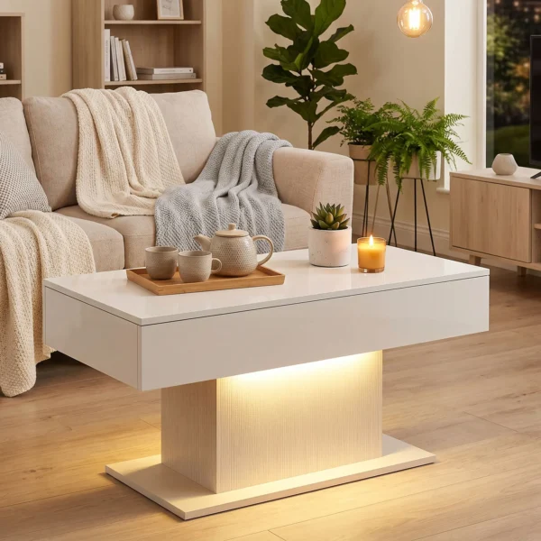 LED Salontafel Met Opbergruimte, Hoogglans, Modern, 2 Laden & Afstandsbediening, Wit