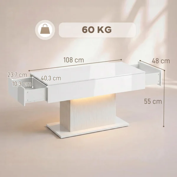 LED Salontafel Met Opbergruimte, Hoogglans, Modern, 2 Laden & Afstandsbediening, Wit