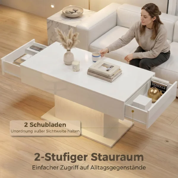LED Salontafel Met Opbergruimte, Hoogglans, Modern, 2 Laden & Afstandsbediening, Wit