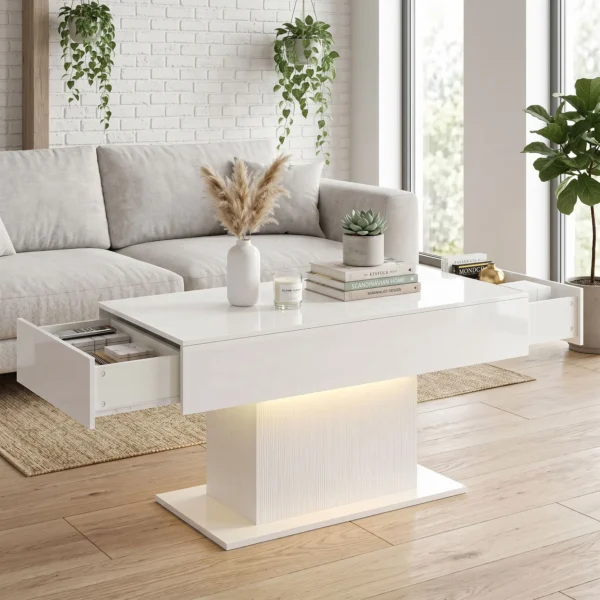 LED Salontafel Met Opbergruimte, Hoogglans, Modern, 2 Laden & Afstandsbediening, Wit