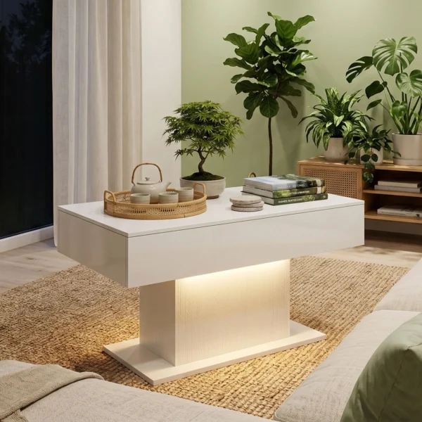 LED Salontafel Met Opbergruimte, Hoogglans, Modern, 2 Laden & Afstandsbediening, Wit