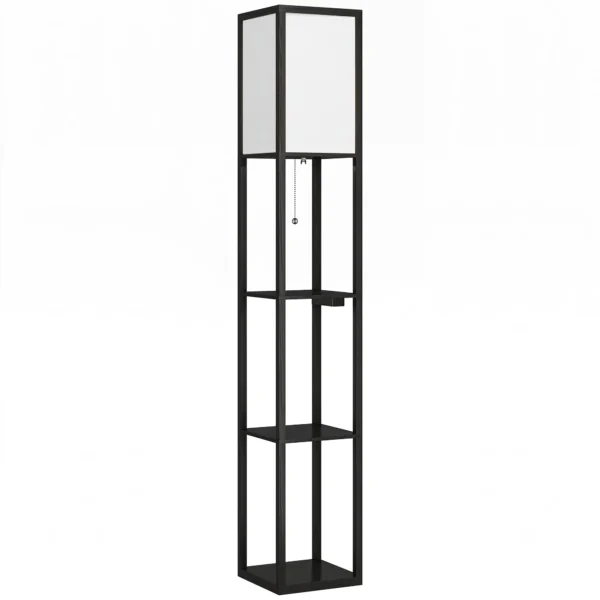 LED Staande Lamp Met Planken, Dimbaar, Ketting Schakelaar & Stopcontacten, Zwart
