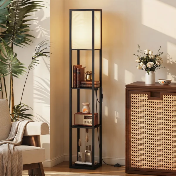 LED Staande Lamp Met Planken, Dimbaar, Ketting Schakelaar & Stopcontacten, Zwart