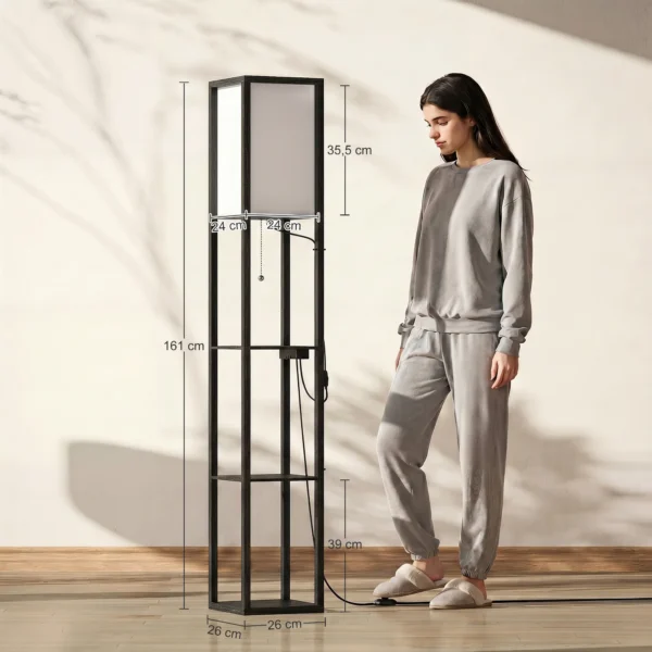 LED Staande Lamp Met Planken, Dimbaar, Ketting Schakelaar & Stopcontacten, Zwart