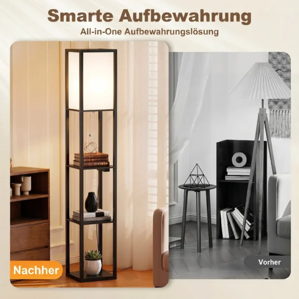 LED Staande Lamp Met Planken, Dimbaar, Ketting Schakelaar & Stopcontacten, Zwart