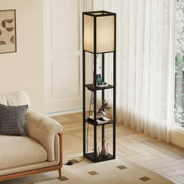 LED Staande Lamp Met Planken, Dimbaar, Ketting Schakelaar & Stopcontacten, Zwart