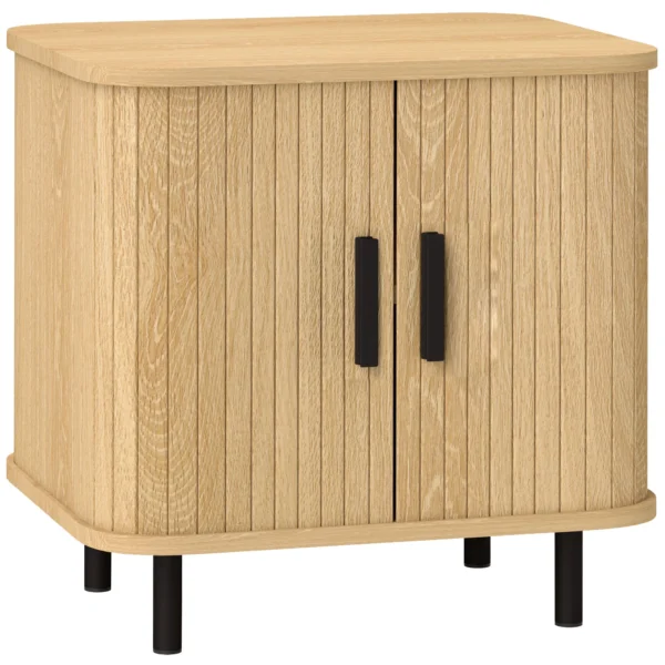 Nachtkastje Bijzettafel Met Lamellendeuren En Stalen Poten, Voor Slaapkamer En Woonkamer, Eiken