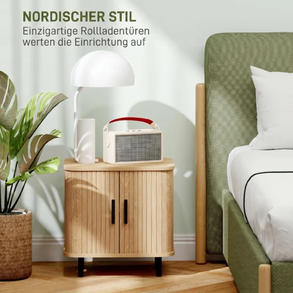 Nachtkastje Bijzettafel Met Lamellendeuren En Stalen Poten, Voor Slaapkamer En Woonkamer, Eiken