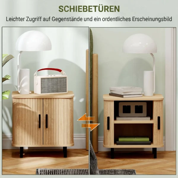 Nachtkastje Bijzettafel Met Lamellendeuren En Stalen Poten, Voor Slaapkamer En Woonkamer, Eiken
