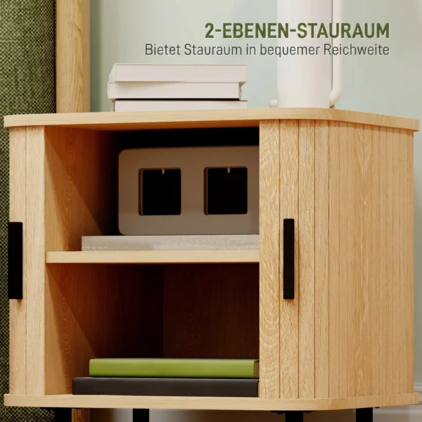 Nachtkastje Bijzettafel Met Lamellendeuren En Stalen Poten, Voor Slaapkamer En Woonkamer, Eiken