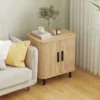 Nachtkastje Bijzettafel Met Lamellendeuren En Stalen Poten, Voor Slaapkamer En Woonkamer, Eiken