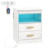Nachtkastje, Bijzettafel Met Oplaadstation En RGB LED verlichting, Hoogglans Wit