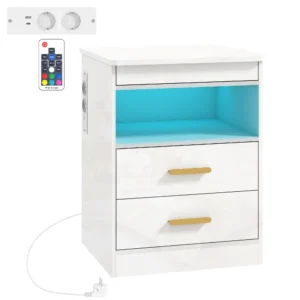 Nachtkastje, Bijzettafel Met Oplaadstation En RGB LED verlichting, Hoogglans Wit