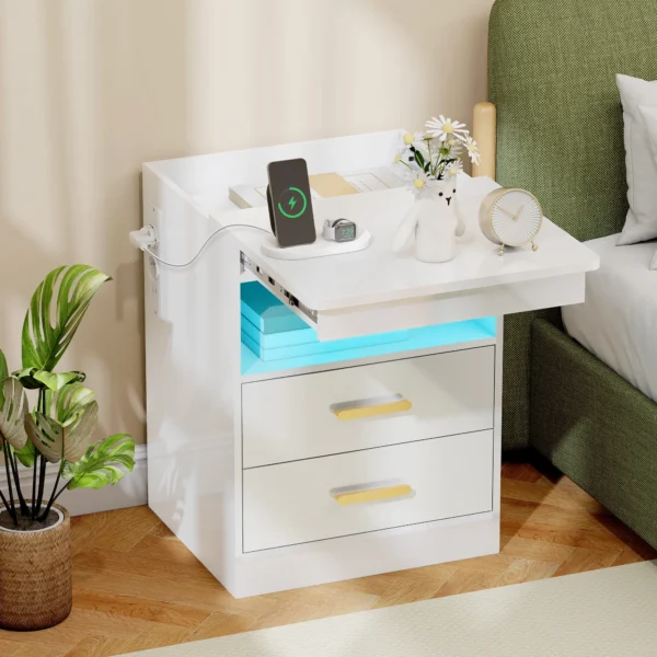 Nachtkastje, Bijzettafel Met Oplaadstation En RGB LED verlichting, Hoogglans Wit