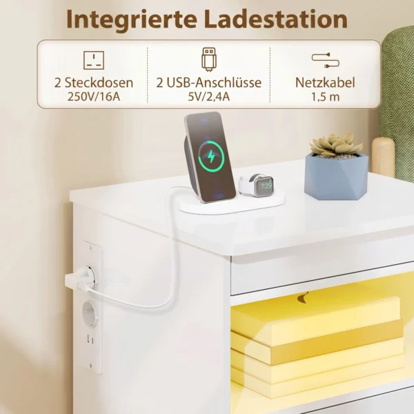 Nachtkastje, Bijzettafel Met Oplaadstation En RGB LED verlichting, Hoogglans Wit