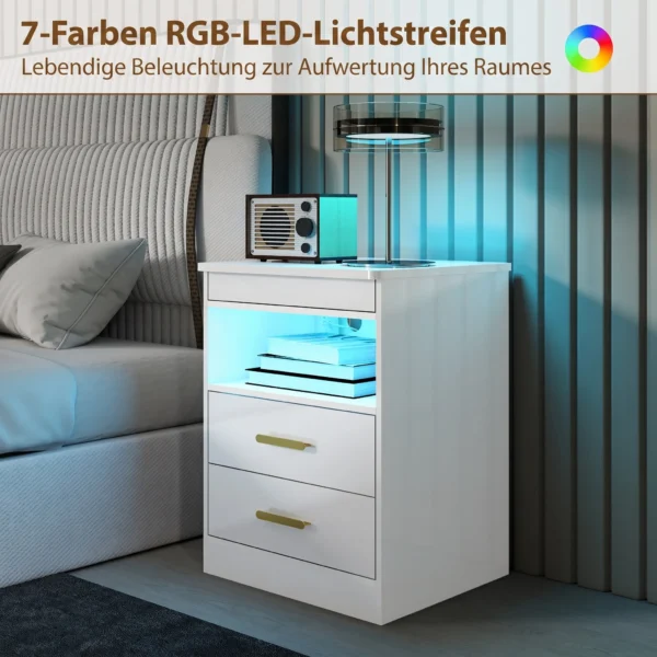 Nachtkastje, Bijzettafel Met Oplaadstation En RGB LED verlichting, Hoogglans Wit