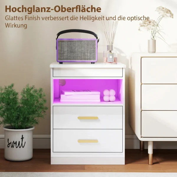 Nachtkastje, Bijzettafel Met Oplaadstation En RGB LED verlichting, Hoogglans Wit