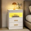 Nachtkastje, Bijzettafel Met Oplaadstation En RGB LED verlichting, Hoogglans Wit