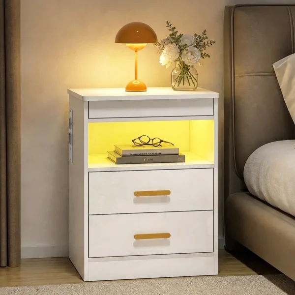 Nachtkastje, Bijzettafel Met Oplaadstation En RGB LED verlichting, Hoogglans Wit