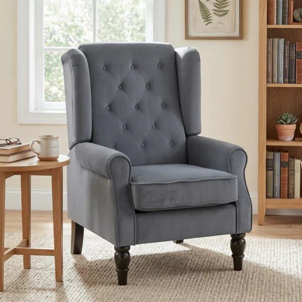 Oorfauteuil Relaxfauteuil Stoel, Vintage Design, Knoopstiksels, Gedraaide Poten, 74 Cm X 86 Cm X 102 Cm, Grijs