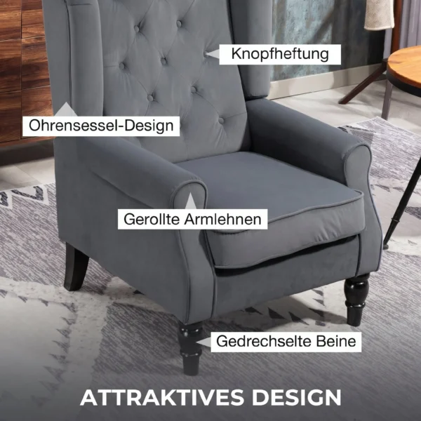 Oorfauteuil Relaxfauteuil Stoel, Vintage Design, Knoopstiksels, Gedraaide Poten, 74 Cm X 86 Cm X 102 Cm, Grijs