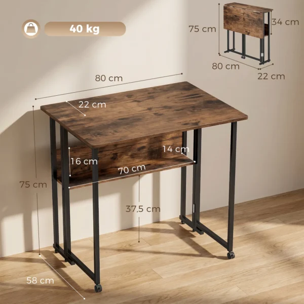 Opklapbare Bureau Met Opbergvak, 80 Cm Klaptafel Voor Kleine Ruimtes, Kantoor, Rustiek Bruin
