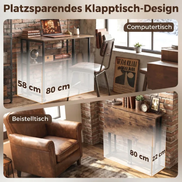 Opklapbare Bureau Met Opbergvak, 80 Cm Klaptafel Voor Kleine Ruimtes, Kantoor, Rustiek Bruin