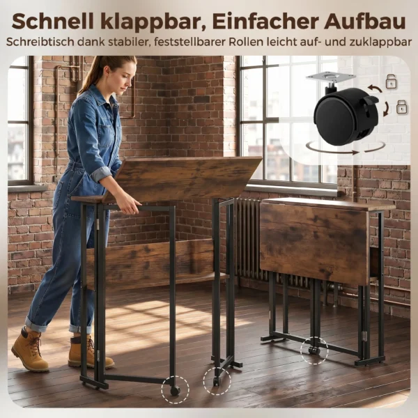 Opklapbare Bureau Met Opbergvak, 80 Cm Klaptafel Voor Kleine Ruimtes, Kantoor, Rustiek Bruin